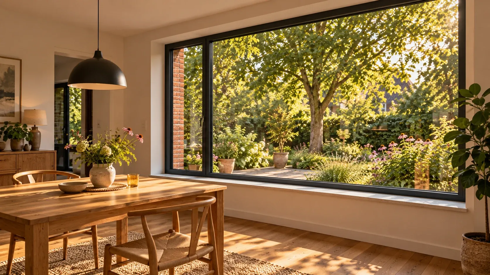 Blick aus dem Innenraum durch das Fenster in den Garten.