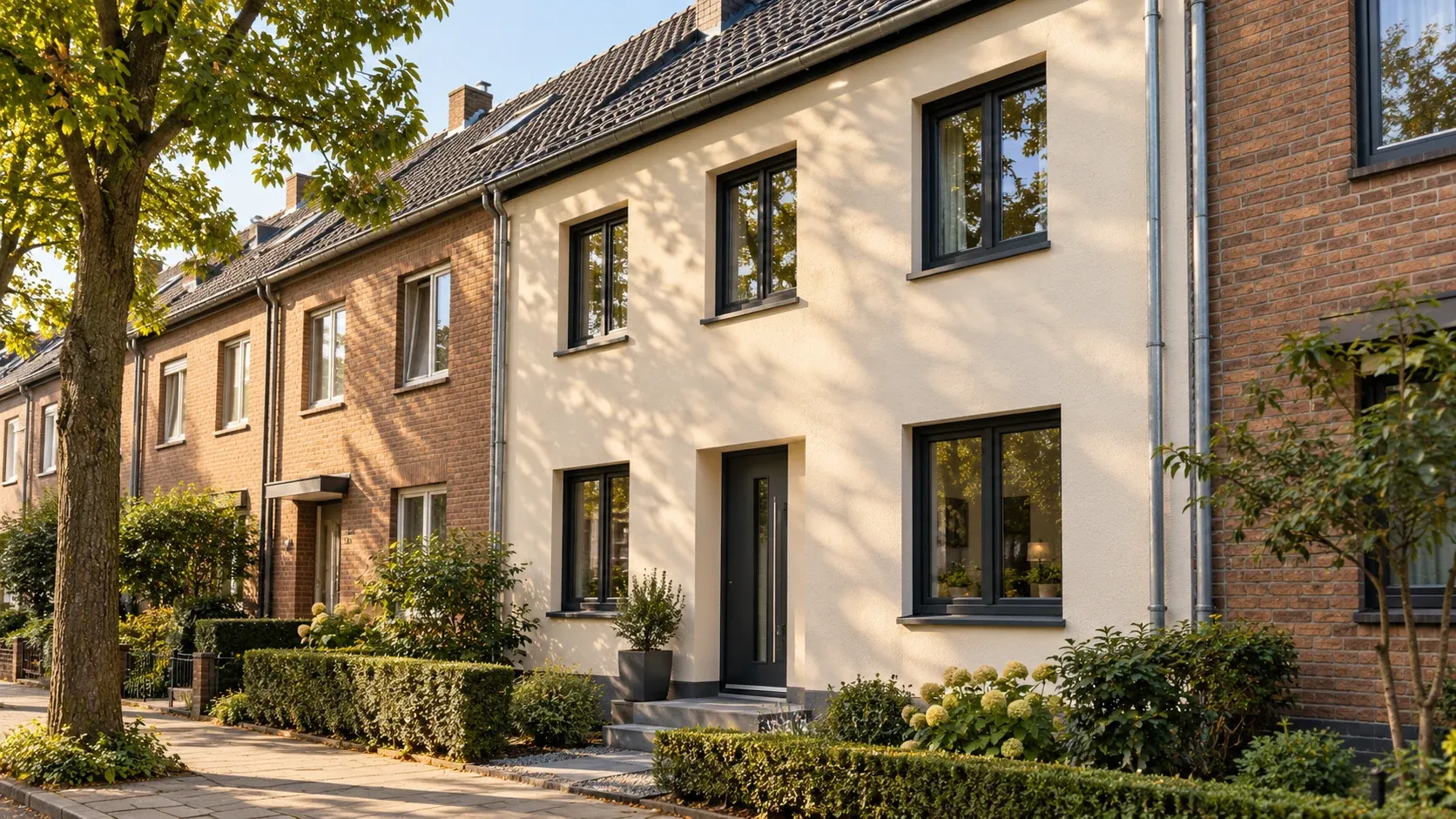 Fassadenansicht eines Reihenhauses.