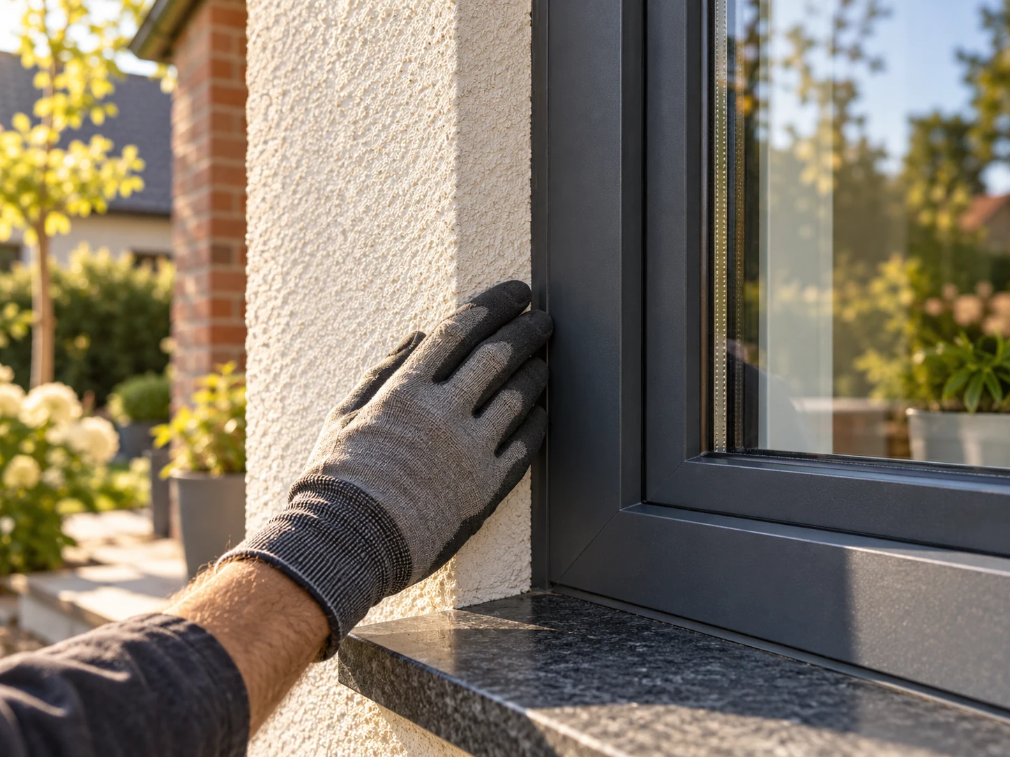 Eine behandschuhte Hand prüft den Übergang zwischen Fensterrahmen und Putz.