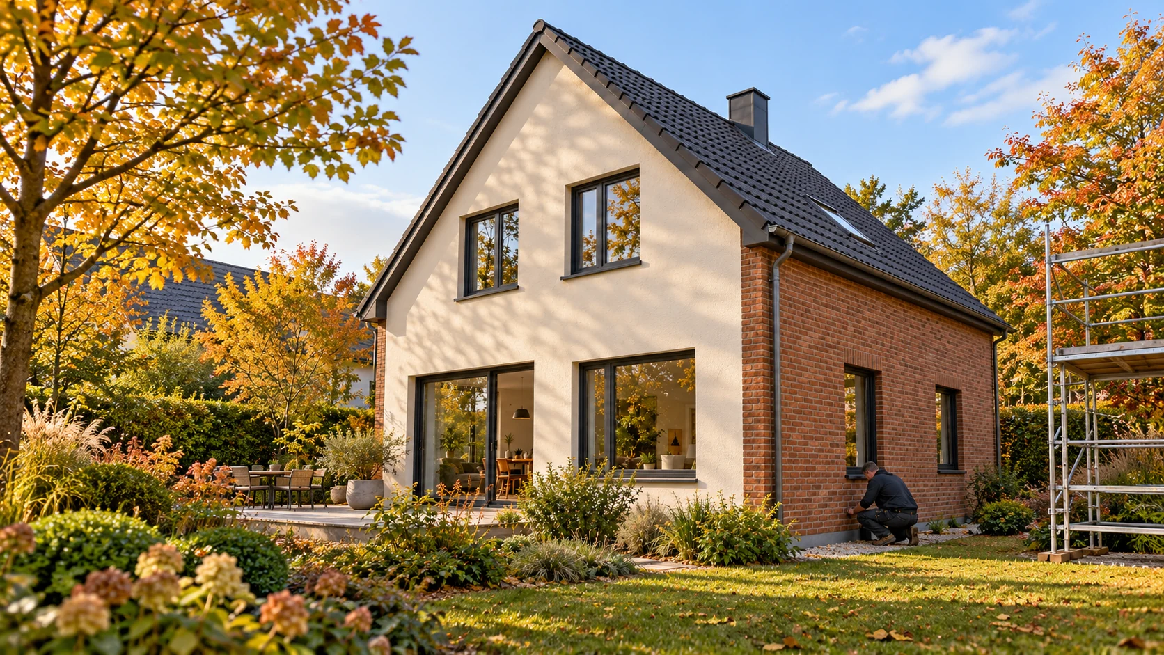 Hausansicht mit mineralischem Putz, Ziegelmauerwerk, anthrazitfarbenen Fensterrahmen und einer Person am Fensterdetail.