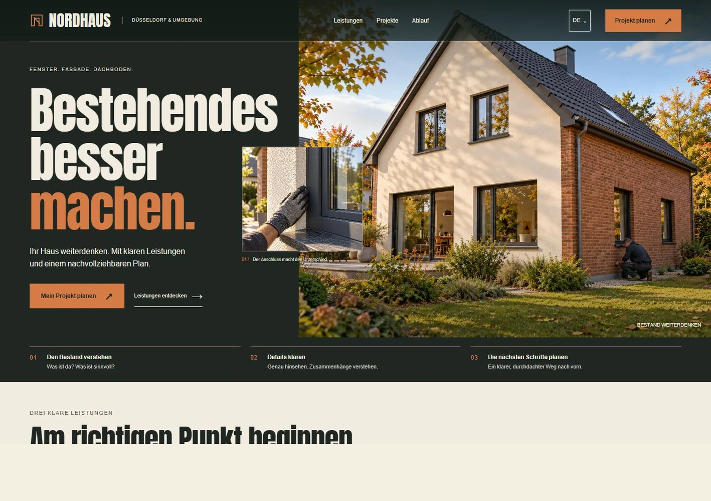 NORDHAUS-Startseite mit prägnanter Überschrift, Hausansicht und überlagertem Fensterdetail.